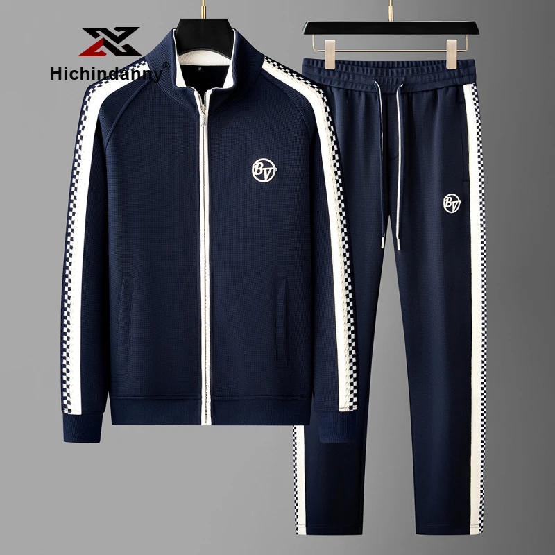 HICHIN休闲运动套装男士春秋时尚华夫格纹开衫卫衣撞色织带两件套