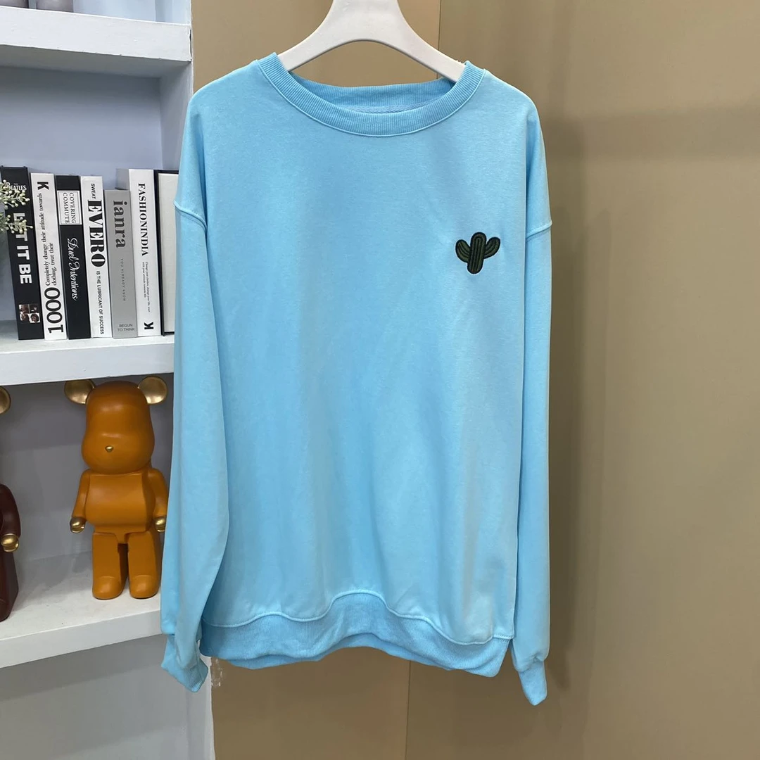 E2335【春季新款】时尚圆领蓝色植物图案宽松简约设计百搭卫衣()