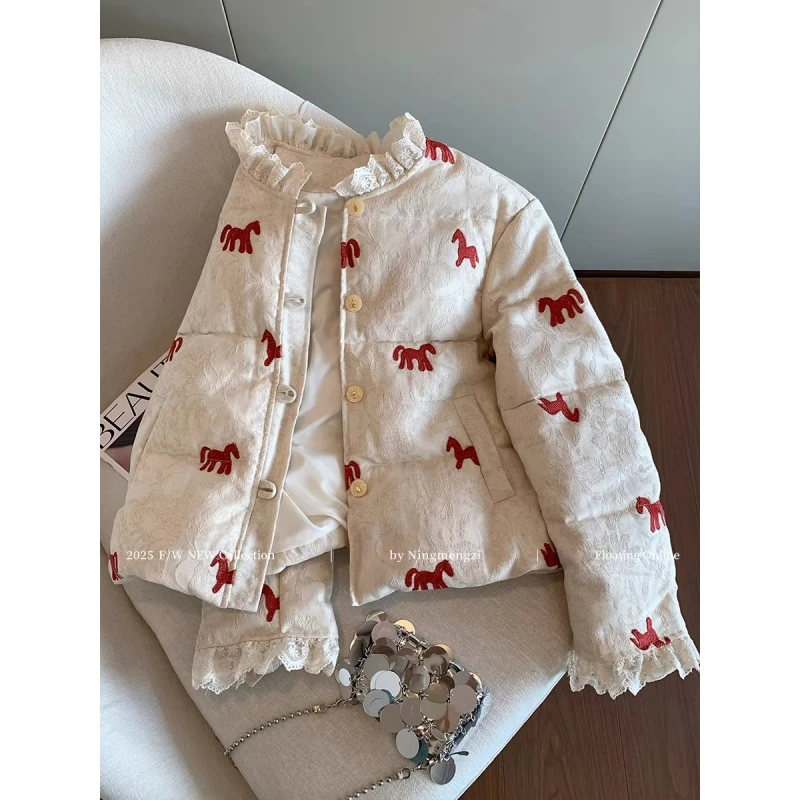 2026马年本命年衣服冬装女新款棉服巨好看的棉衣外套蕾丝边红棉袄