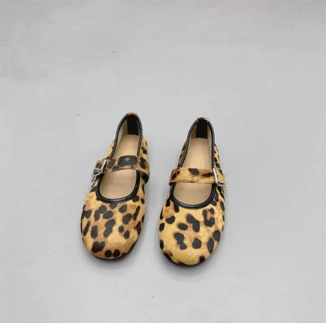 2025新款豹纹玛丽珍鞋复古圆头浅口平底单鞋舒适芭蕾风女鞋26-31