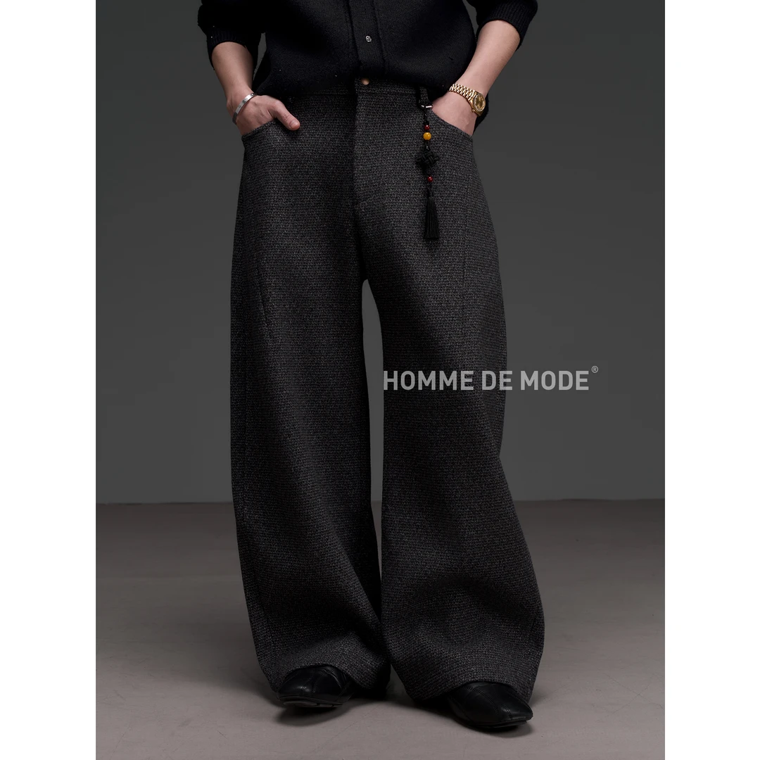 HOMME DE MODE 小香风麻织面料 中古铜扣 花苞缝线厚版休闲西裤