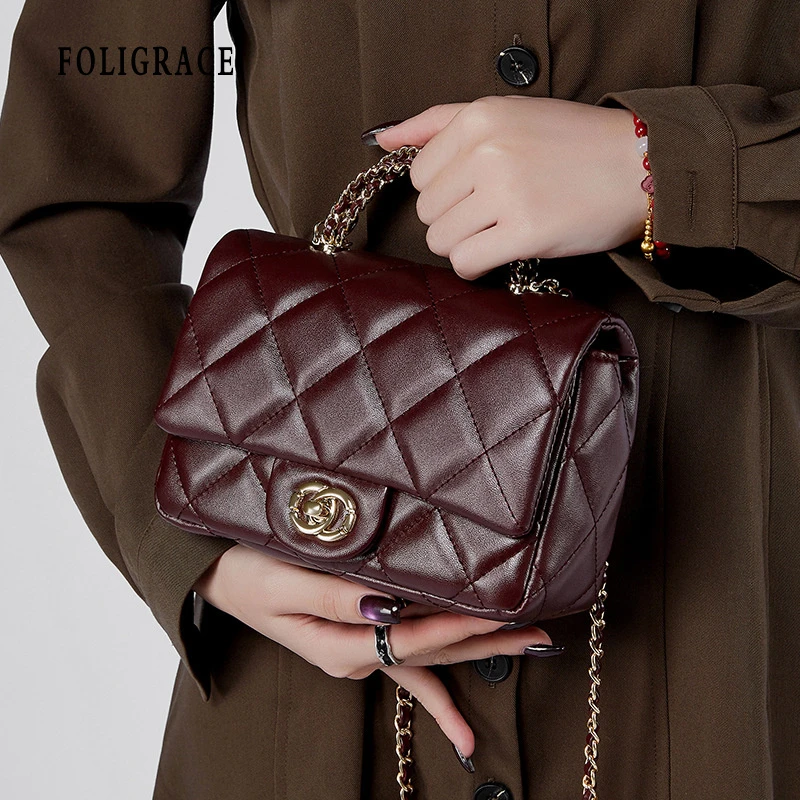 中古小香风真皮金属链条菱格女士斜挎手提包2025新款百搭女款包包