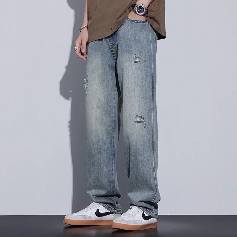 Kuvine潮牌牛仔裤男宽松2025年春季新款长裤子帅气穿搭春秋破洞款