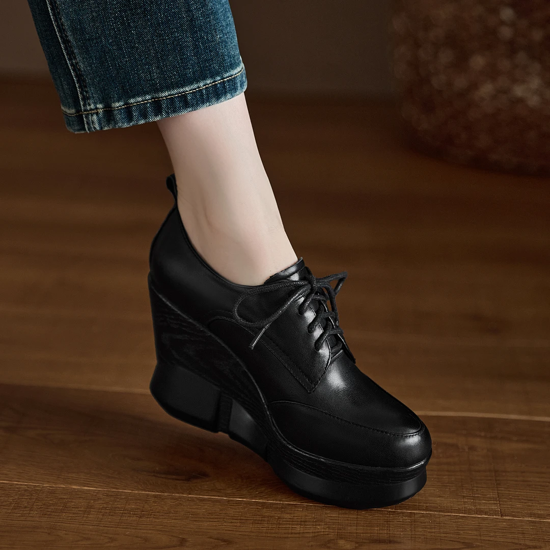 小个手工女鞋9.5cm~防水台高跟鞋坡跟单鞋圆头舒适牛皮黑色小皮鞋