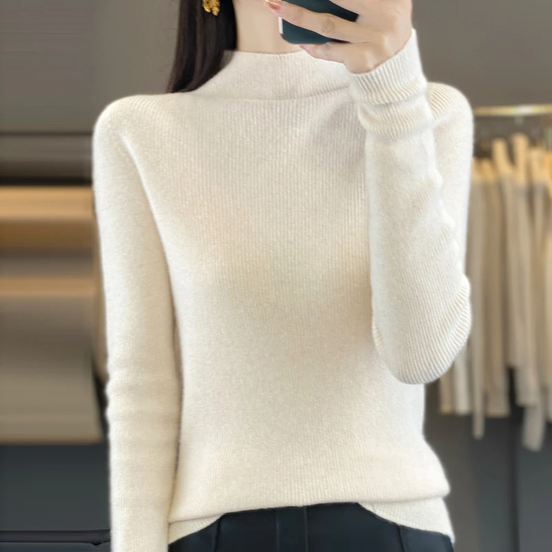 新款一线成衣半高领100纯羊毛抽条修身百搭显瘦针织打底衫减龄女