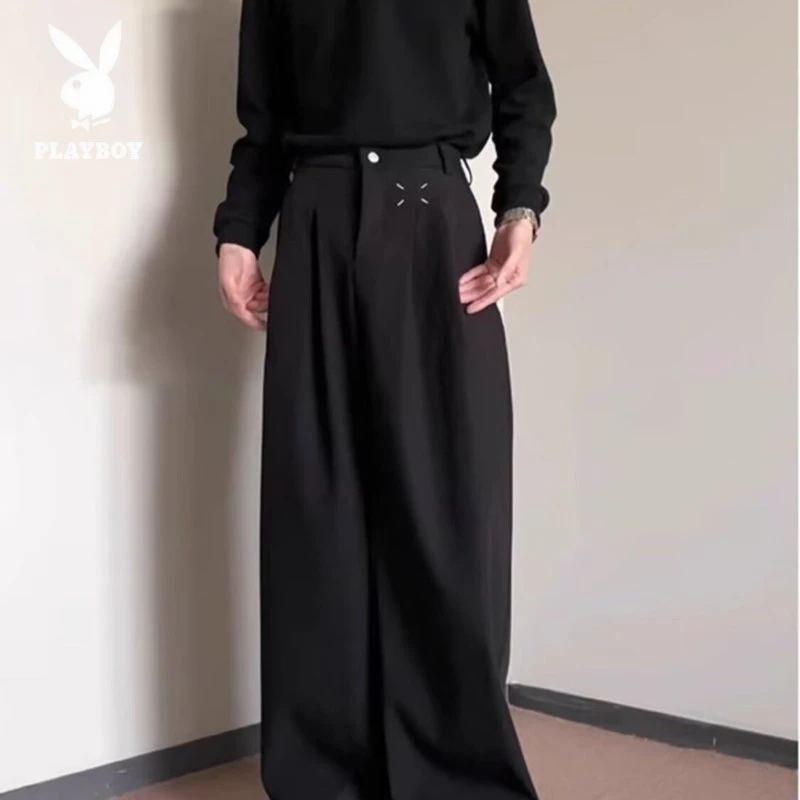 花花公子山本耀司黑武士裤子男垂感冰丝阔腿西裤新中式男装微喇宽