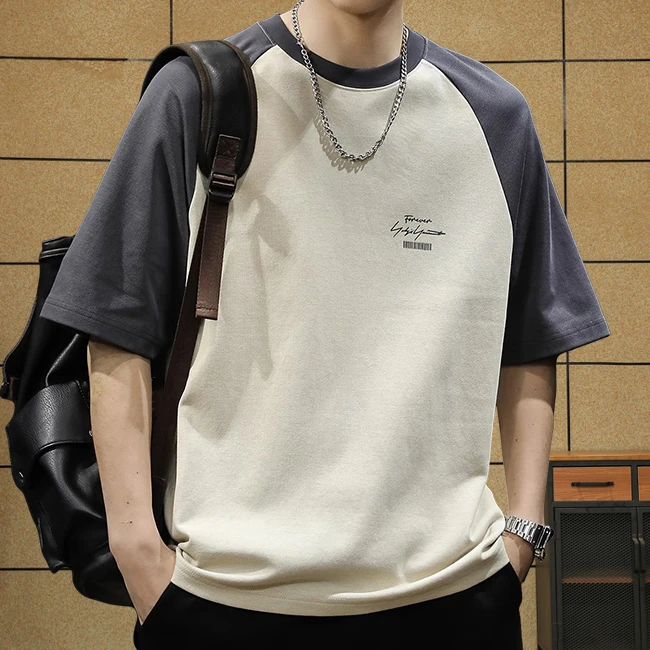 美式撞色插肩袖重磅230g短袖t恤男夏季新款复古印花大码半袖体恤T