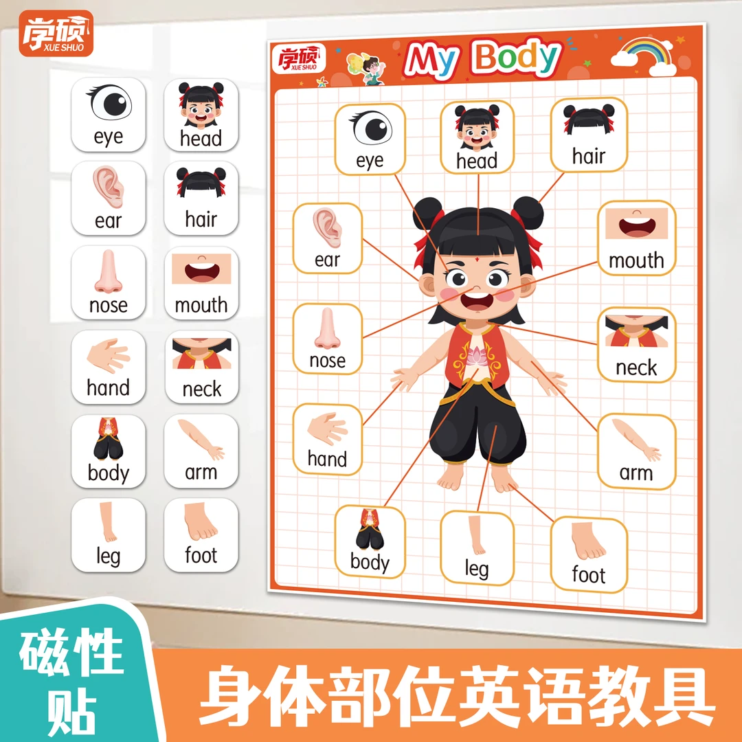 卡通哪吒身体部位英文单词教学儿童认知部位挂图小学生磁性贴教具