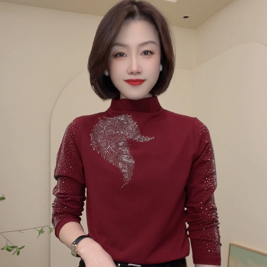 2024新款半高领设计感长袖气质洋气烫钻T恤时尚百搭简约女士小衫