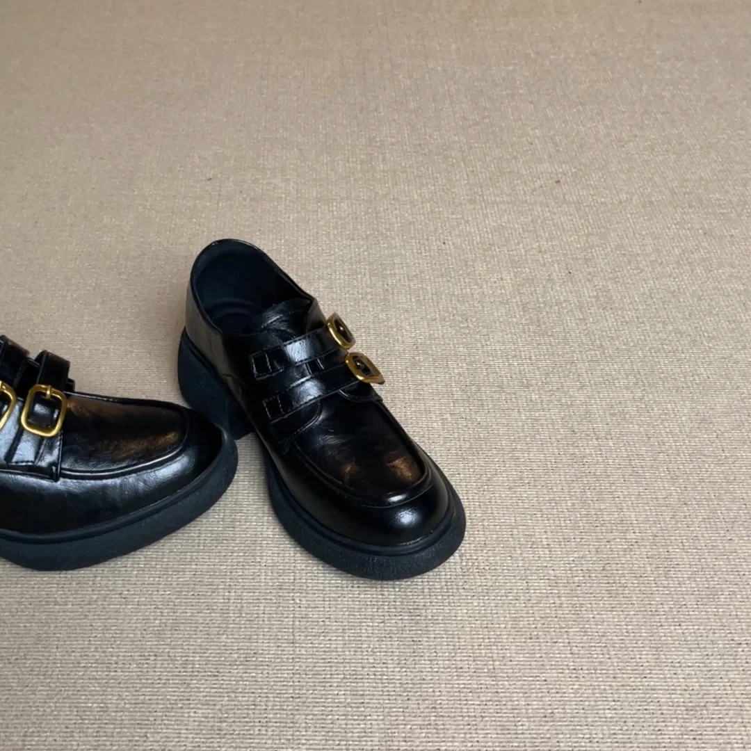 羊皮版~厚底乐福鞋女英伦风一脚蹬黑色jk小皮鞋通勤百搭粗跟单鞋