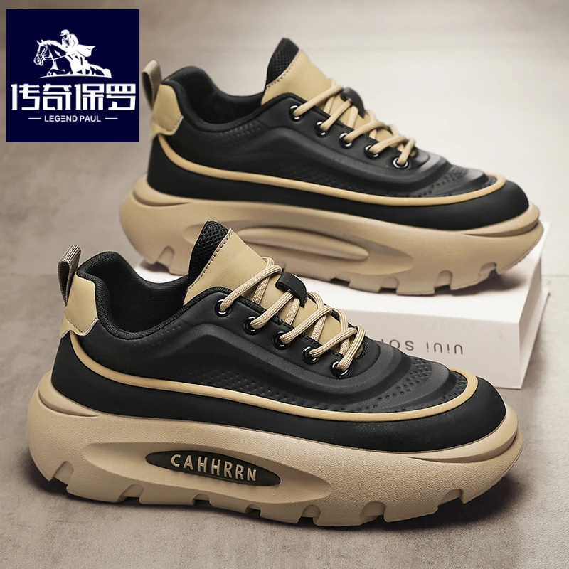 传奇保罗正版男鞋冬季跑步休闲运动鞋男士黑色厚底皮面工作老爹鞋