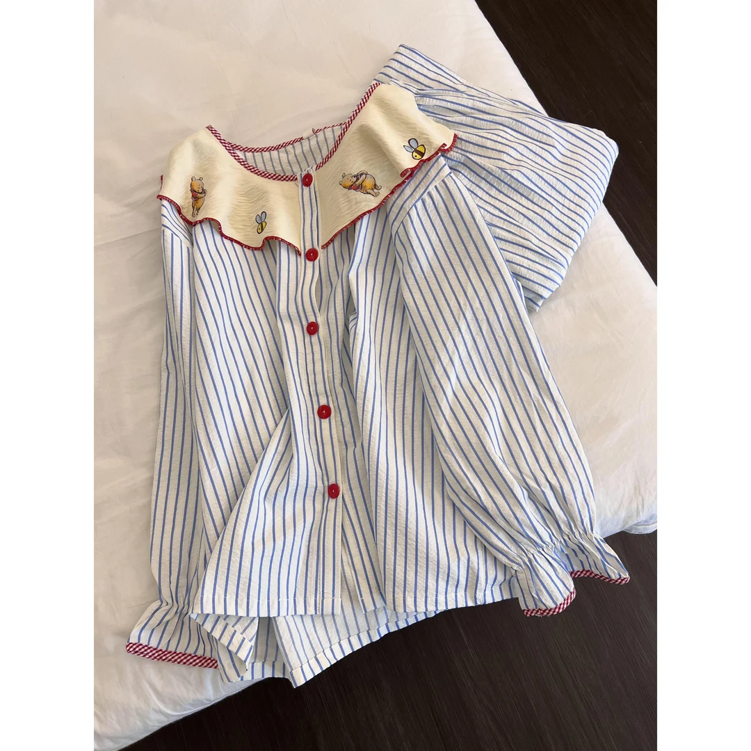 维尼熊印花娃娃领条纹睡衣女款春秋新款长袖长裤家居服套装可外穿