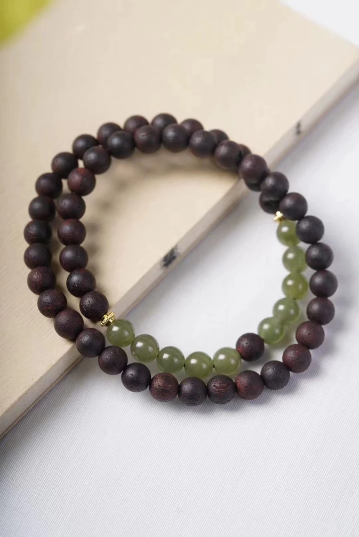 二凡木作珠宝/天然红油降真香和田玉搭配款国风双圈手链6MM