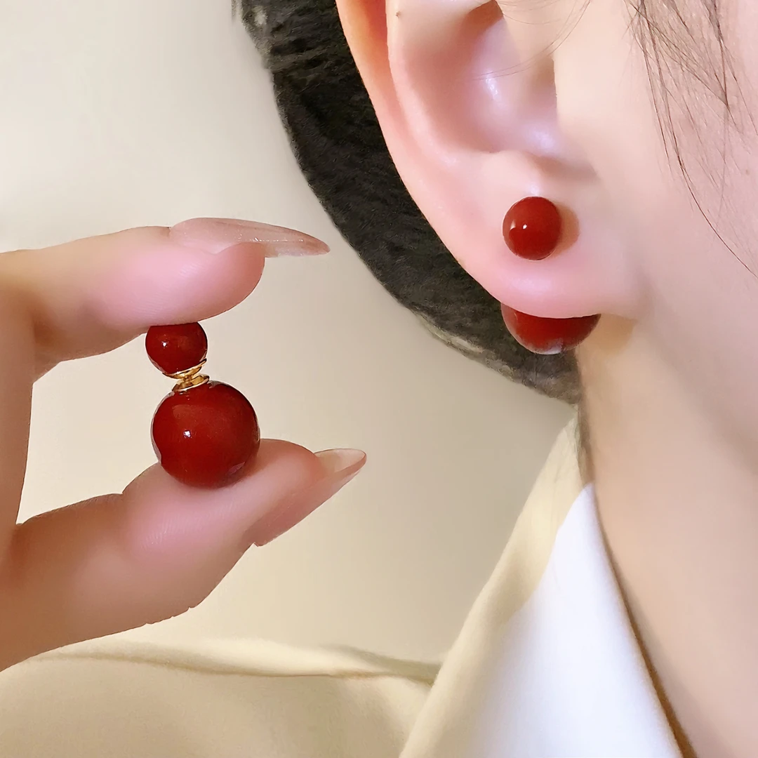 铜合金仿珍珠耳饰 简约时尚轻奢复古前后双戴红色珠珠耳钉0489