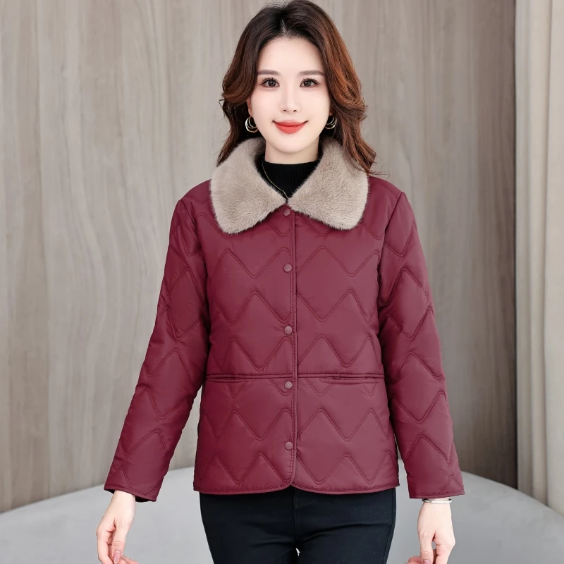 2025女士毛领pu加厚棉服新款时尚秋冬妈妈装中老年棉袄外套35668