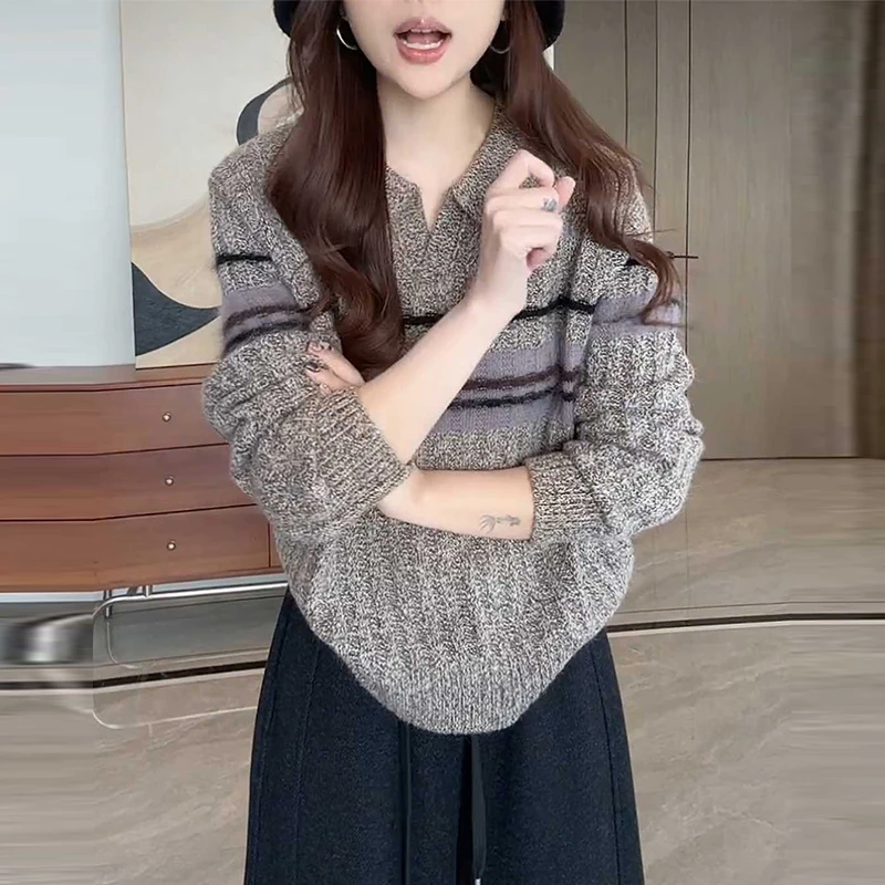 大码条纹翻领长袖套头毛衣女2025秋季新款宽松显瘦休闲百搭上衣