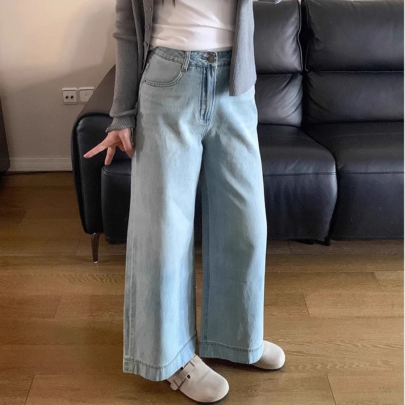 宽松浅蓝色高腰显瘦九分直筒阔腿牛仔裤女2025年夏季新款窄版长裤
