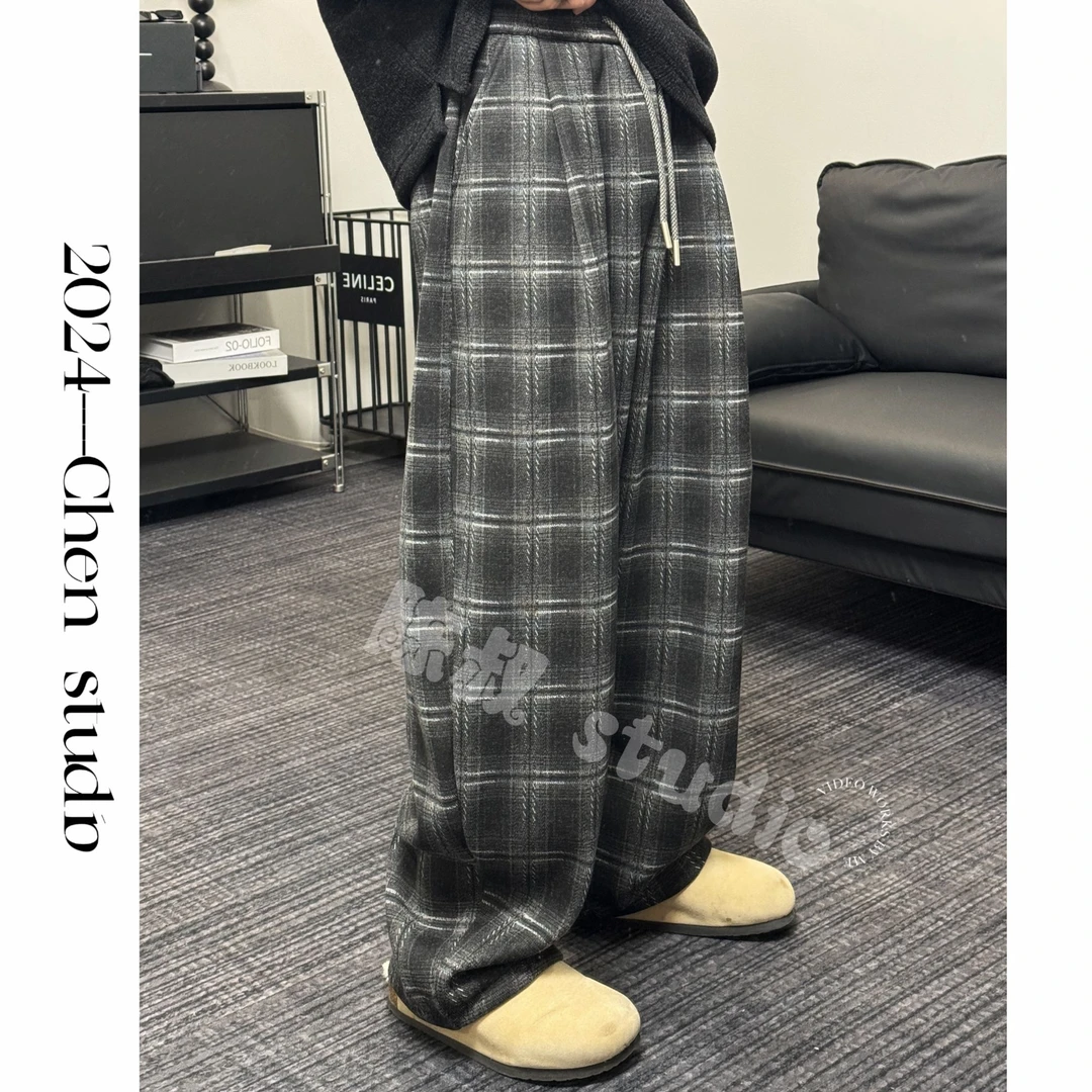 「清仓」【格格不入】冬季加绒宽松复古格子休闲裤男直筒弯刀裤24047