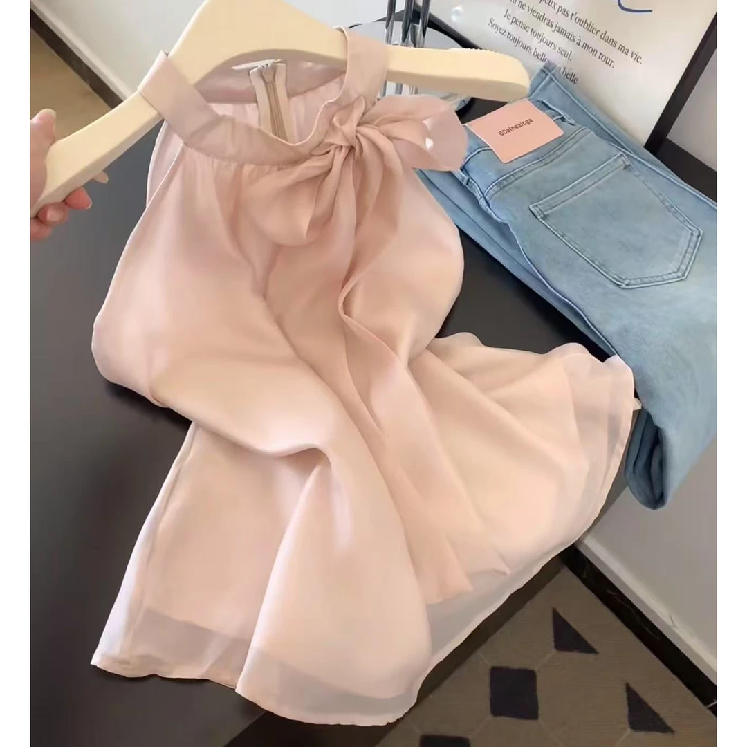 今年流行穿搭2025夏季新款温柔风蝴蝶结绑带拉链款休闲风无袖上衣