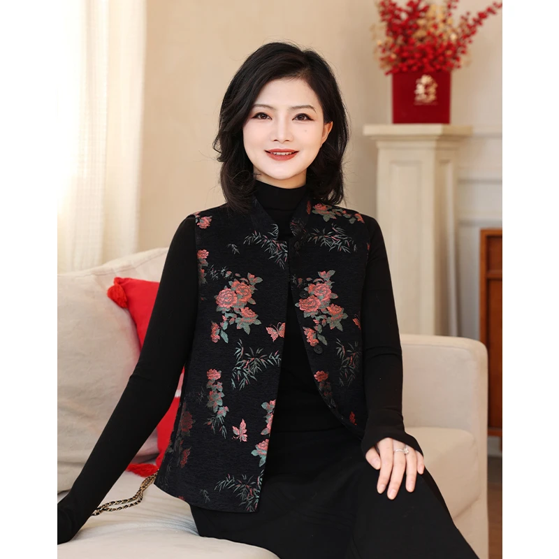 阿楠anan 云意花语 立领新中式国风牡丹提花马夹秋冬可外穿马甲