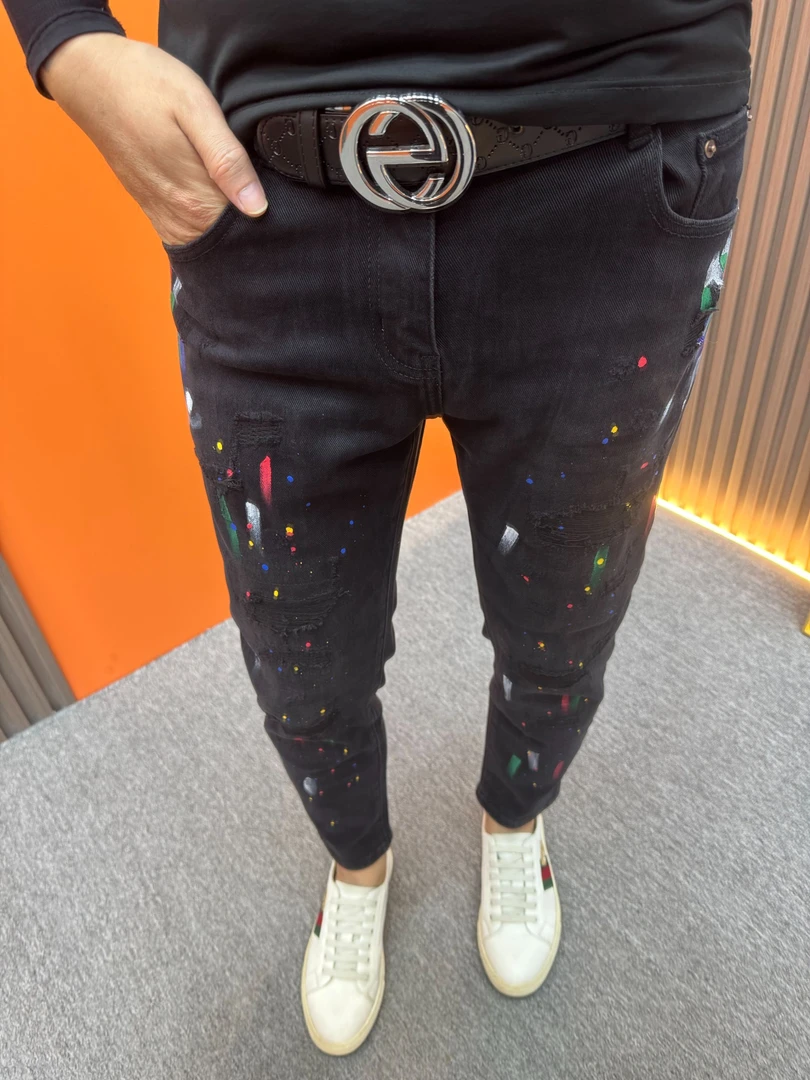 秋冬黑色修身牛仔破洞点漆弹力时尚个性潮流小脚男士休闲裤牛仔裤