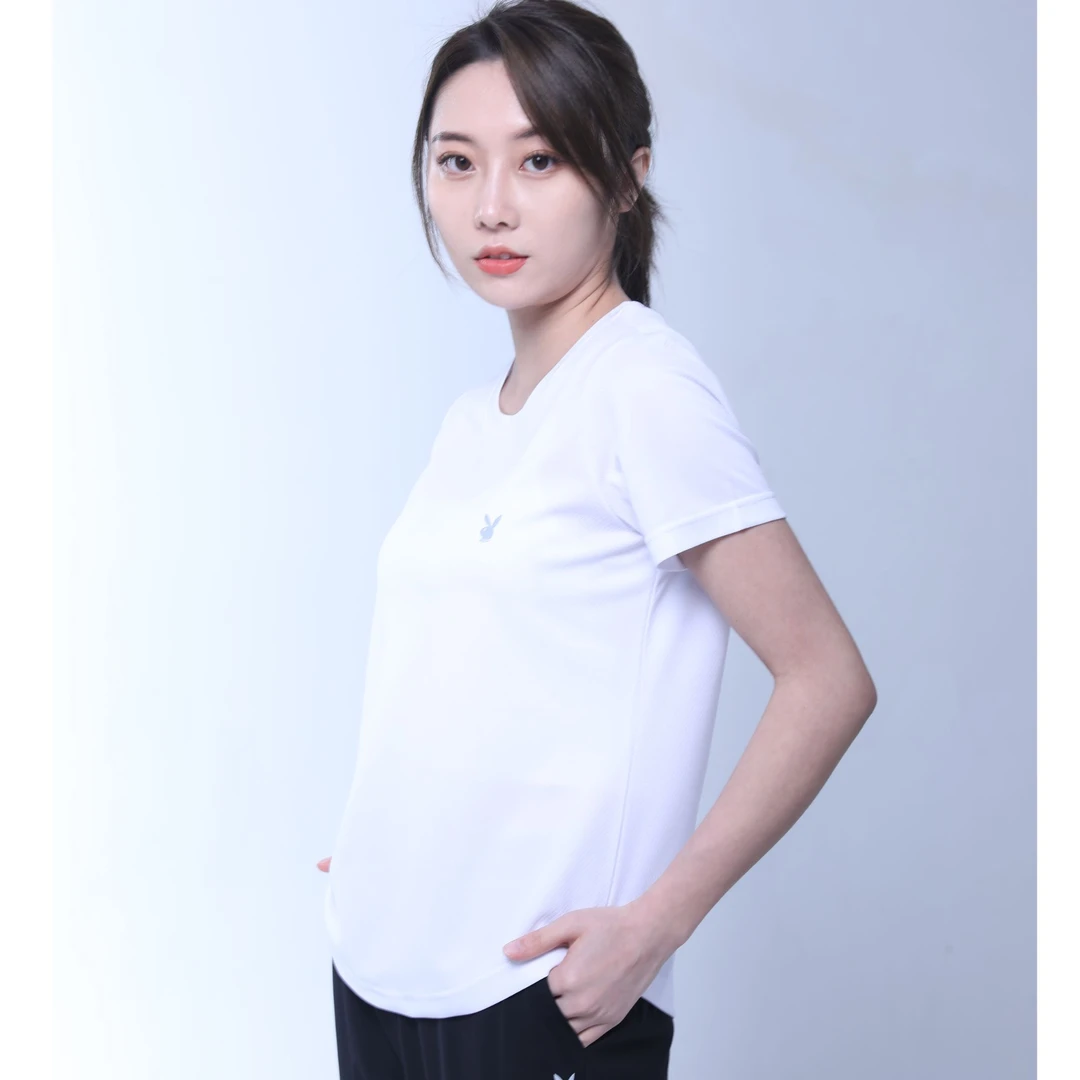 花花公子女士短袖居家圆领夏季T恤舒适纯色吸湿宽松弹力耐磨速干