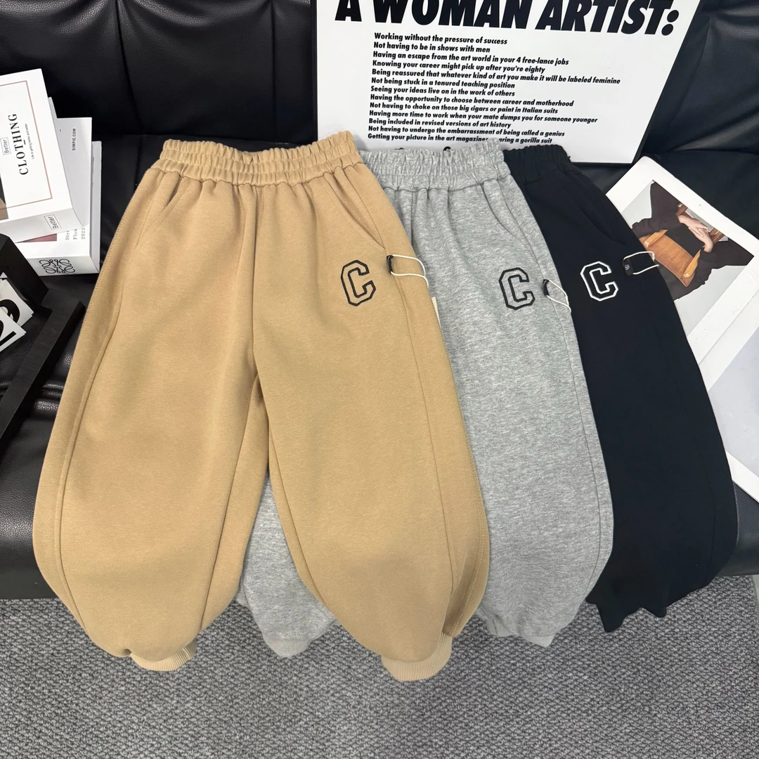 2025春男女童长裤中大童休闲裤字母刺绣宽松洋气束脚裤