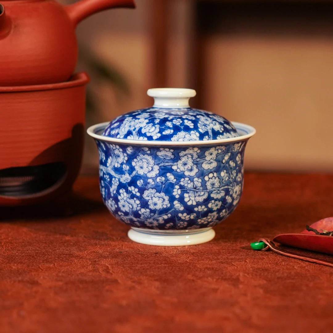 正德御窑刘建锋窑冰梅盖碗青花喝茶品茗饮茶纯手工茶具中式盖碗