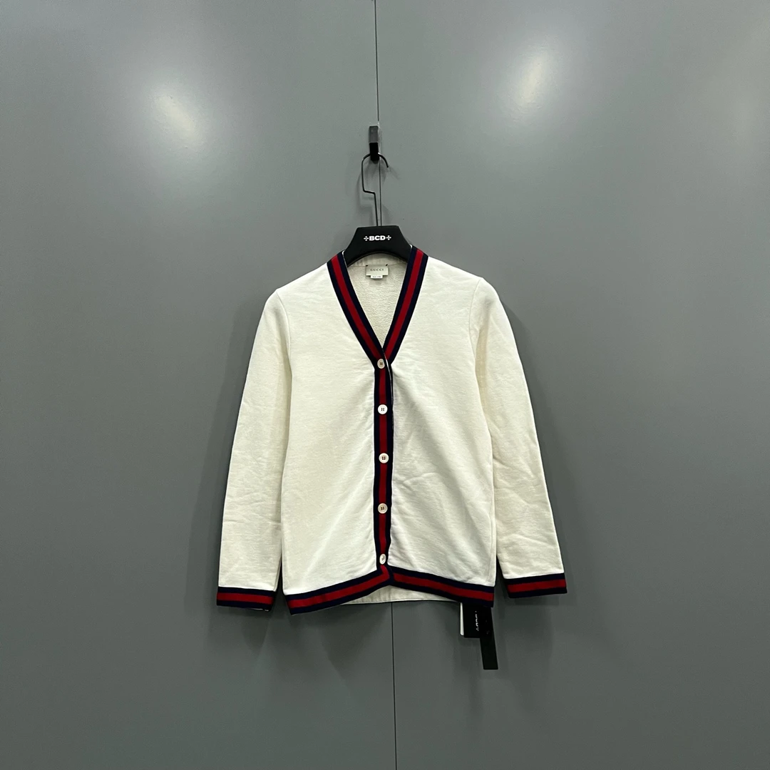 95新 GUCCI/古驰 zz8 织带条纹V领开衫 12码/102444