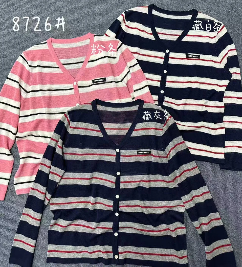 【蜜爷家】秋新款V领长袖条纹针织衫女宽松字母8726#