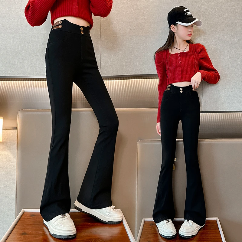 女童喇叭裤秋冬2025新款大童加绒加厚弹力牛仔裤微喇冬款儿童裤子