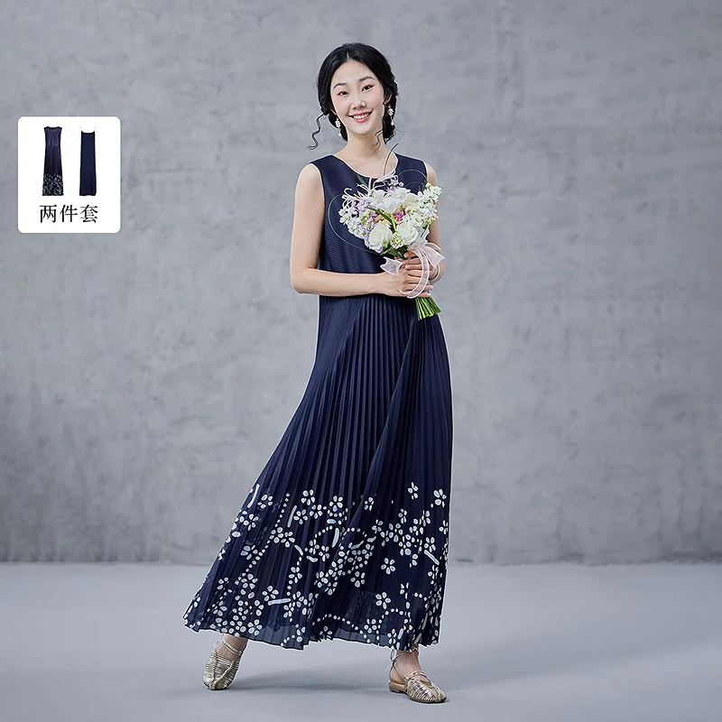 生活在左2025春压褶连衣裙复古蓝印花纹修身显瘦两件套1951157