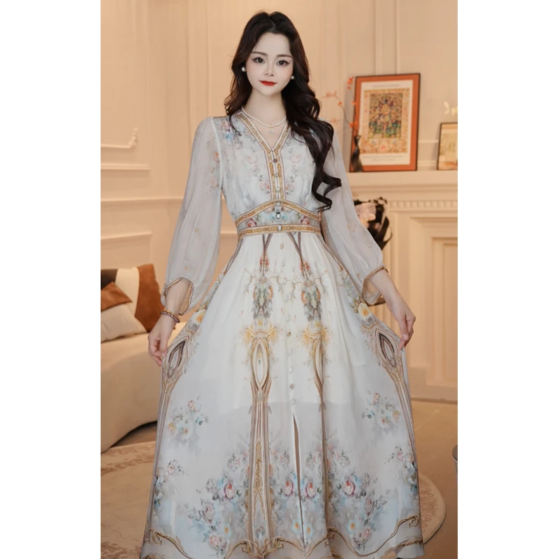 【欧若拉】显瘦大摆裙连衣裙长款中国风复古中袖优优雅连衣裙