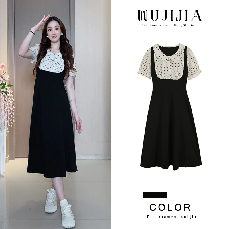 黑拼杏长/短款气质小个子减龄假两件连衣裙长裙黑色裙子ZL109485