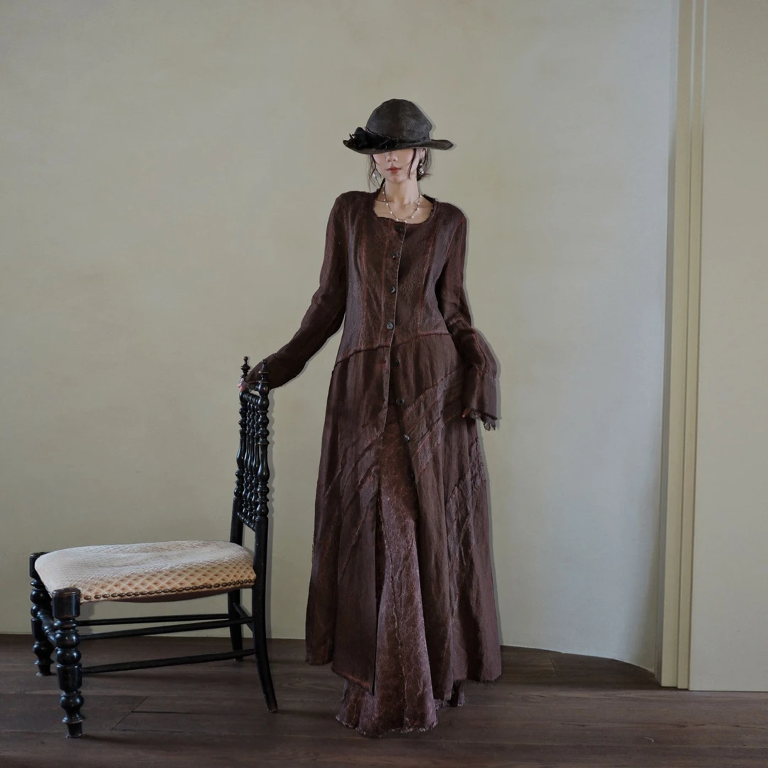 弥挲 烬染络羽  植物染小众设计师侘寂先锋工匠蕾丝拼接收腰风衣