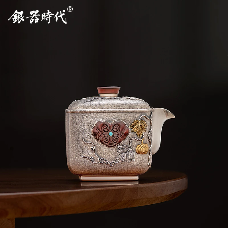 银器时代足银手工掐丝福运绵长手抓壶银泡茶壶银茶壶