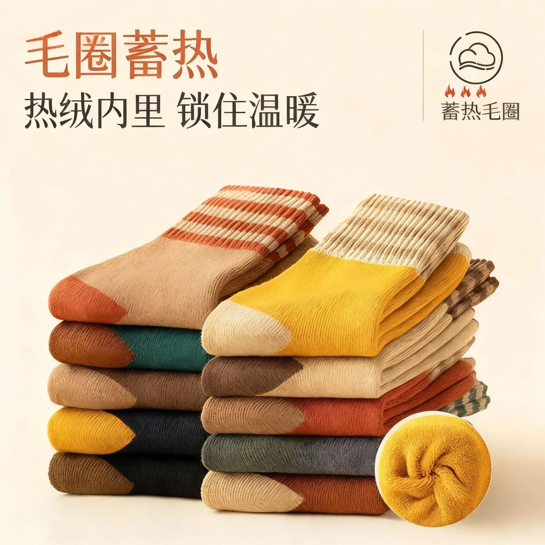 【6双】加绒袜子女加厚毛巾袜条纹美拉德保暖冬天长袜秋冬款中筒袜