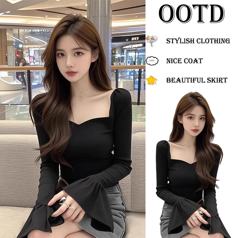 黑色长袖t恤春装女2025年新款爆款打底衫独特漂亮方领喇叭袖上衣