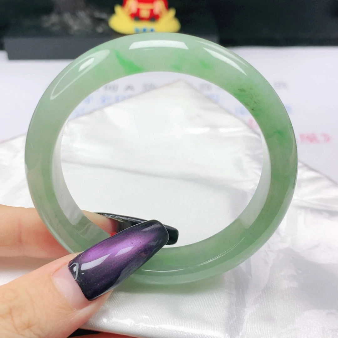 翡翠未镶嵌手镯翡翠53.7冰润冰果绿飘花正圈