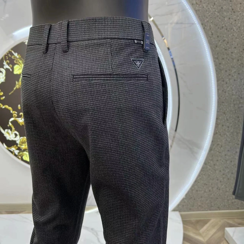 领硕秋冬高定轻奢千鸟格梭织混纺直筒百搭休闲裤十分裤微微修身