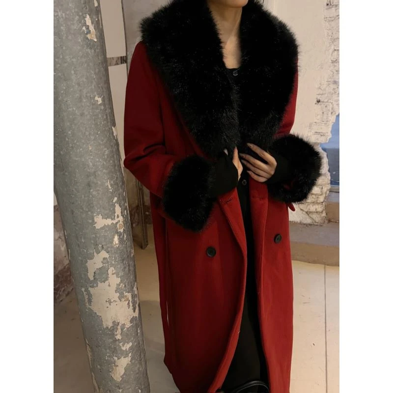 U01-U50毛呢外套冬季秋冬长款网红ins皮毛一体气质红色大毛领