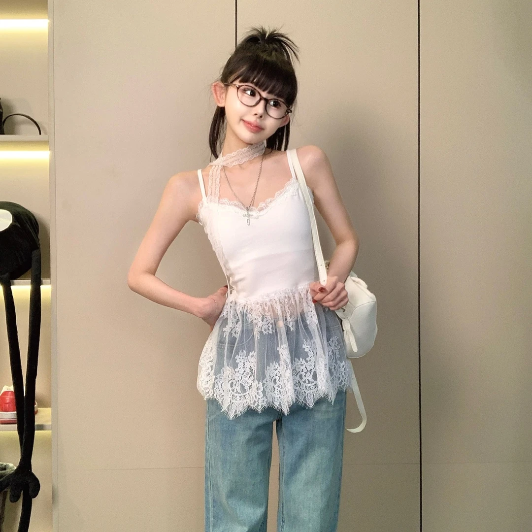 纯欲风辣妹蕾丝拼接小吊带女春夏新款内搭背心显瘦上衣自带胸垫