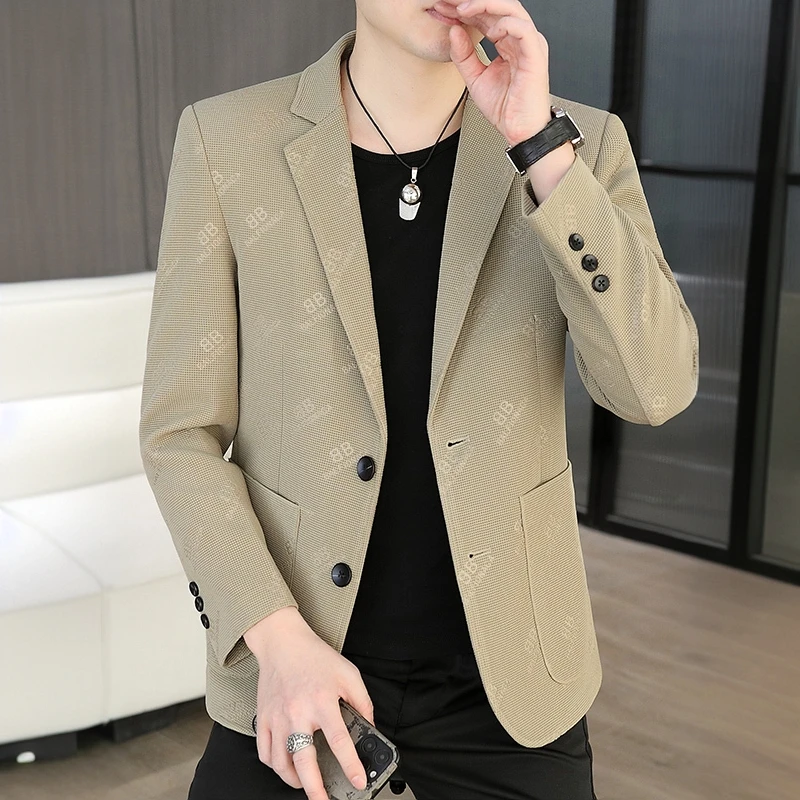 顿奇摩费涅春秋季新款华夫格西服男休闲便服单西上衣青年薄款外套