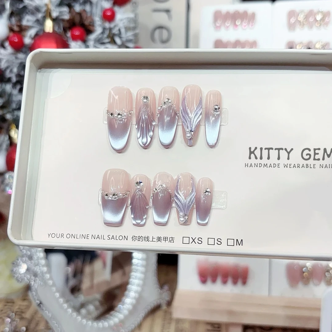 紫姬人鱼纯手工穿戴式美甲新款简约纯欲闪钻穿戴甲片中长款可拆卸