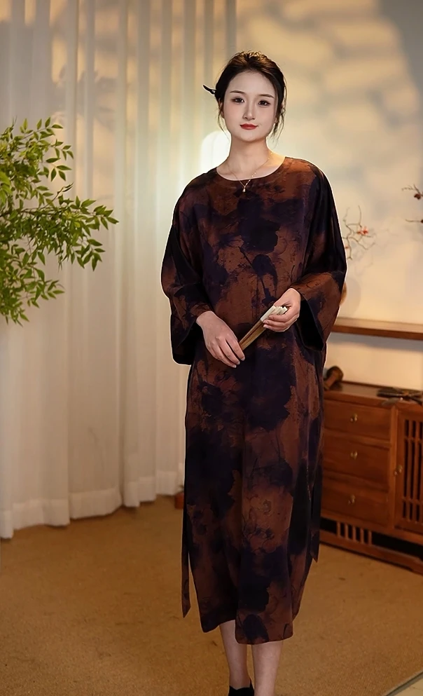 【紫墨】聽扇桑蚕丝印花香云纱显瘦气质国风新中式宽松连衣裙
