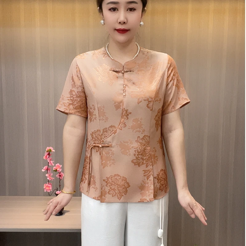 8597时尚夏季短袖中老年女装T恤盘扣中式民族风精品时髦妈妈装