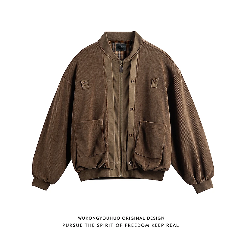 悟空有货潮牌复古假两件拼接工装夹克男美式宽松百搭情侣休闲外套