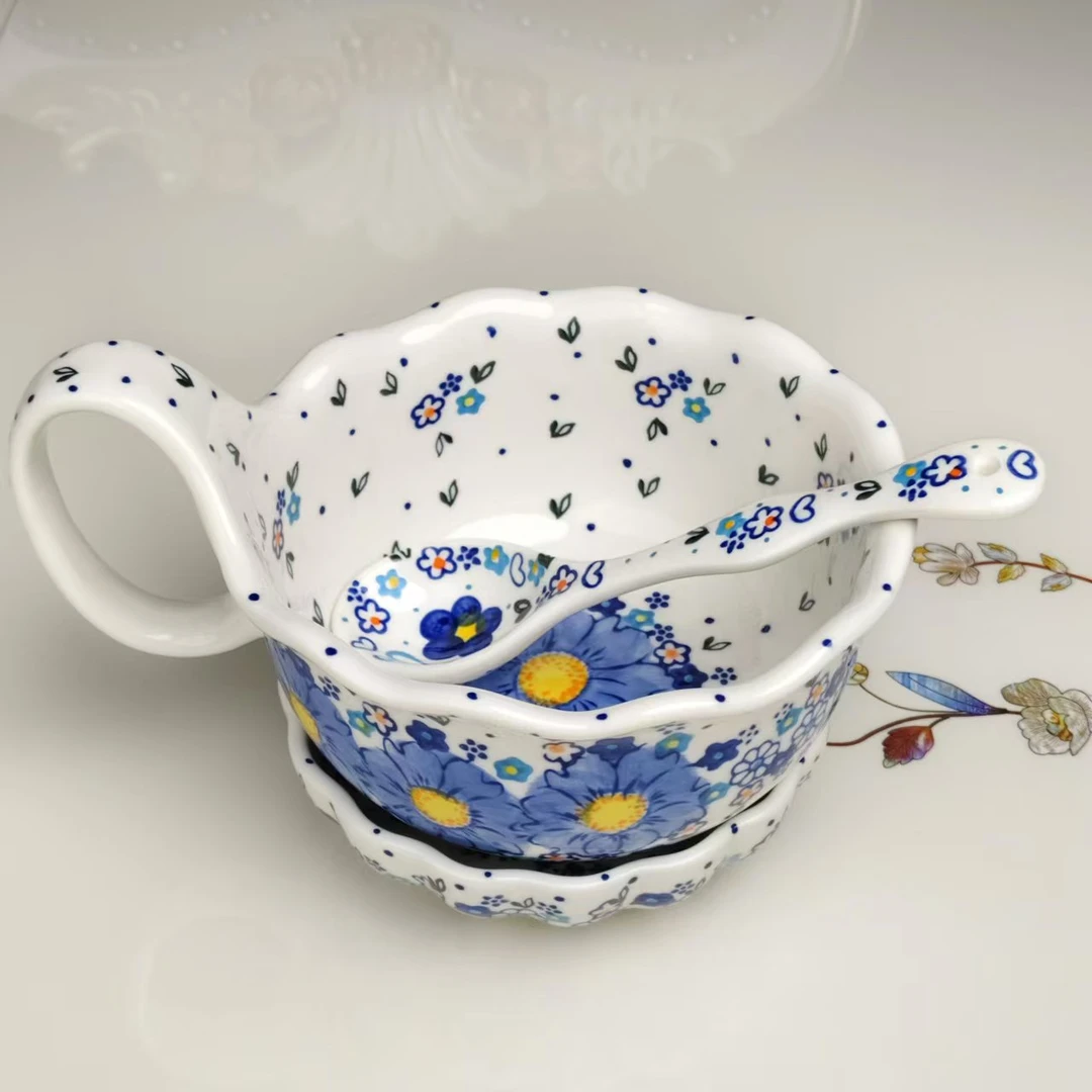 新瓷新疆包邮【勿忘我】家用手绘釉下彩欧式9寸曲把碗