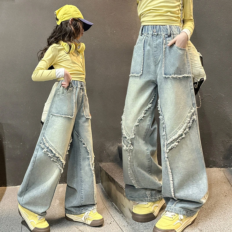 女童时髦牛仔裤春季韩版2025新款阔腿裤儿童潮流春秋大童宽松长裤