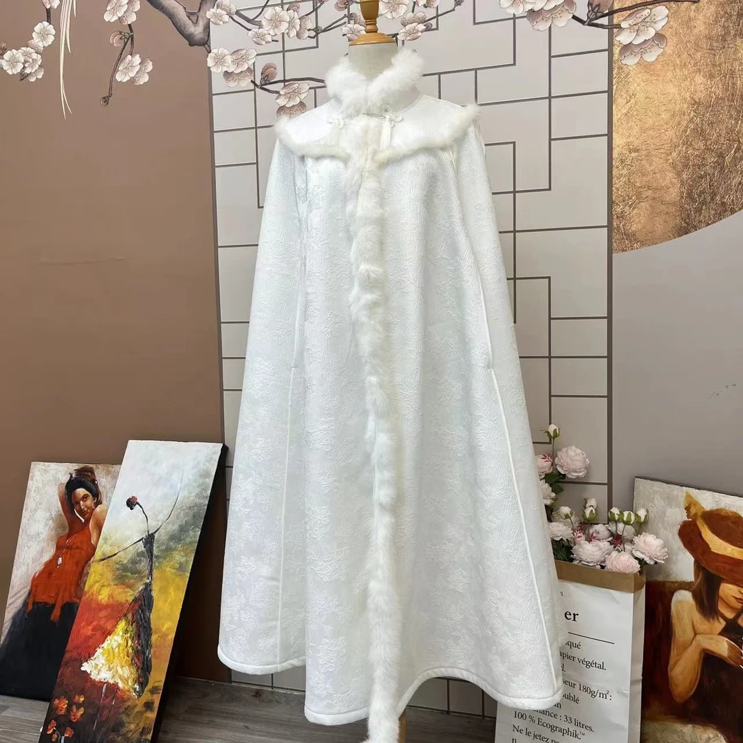 微岚熙2024女装秋冬季古风国潮风黑色毛领风衣斗篷(9871+8901)